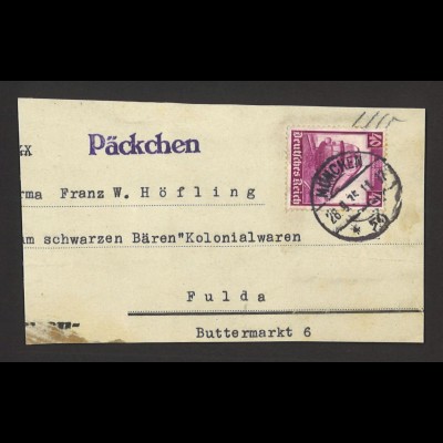 Deutsches Reich 1935 Päckchen Adressträger MiNr. 583 München nach Fulda EF?