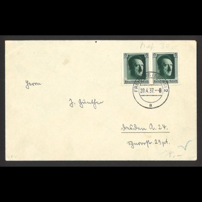 Deutsches Reich 1937 Brief MeF MiNr. 646 waag. Paar Freiburg Sachsen 