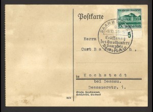 Deutsches Reich 1938 FDC Postkarte EF MiNr. 673 + Rand Saarbrücken SoSt Ersttag