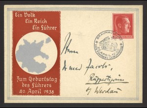 Deutsches Reich 1938 Brief EF MiNr. 664 Geburtstag des Führers + SoSt Braunau