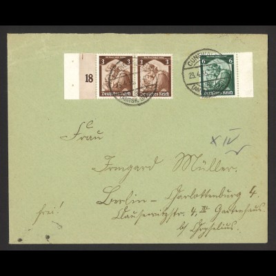 Deutsches Reich 1935 Brief MiF MiNr. 565 + 566 Bogenrand Cunewalde nach Berlin
