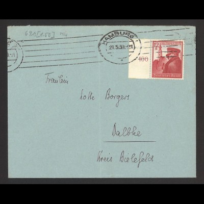 Deutsches Reich 1939 Brief EF MiNr. 691 Geburtstag des Führers Hamburg n. Dalbke
