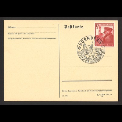 Deutsches Reich 1939 Postkarte MiNr 691 SoSt 50. Geburtstag des Führers Nürnberg