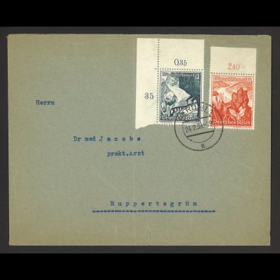 Deutsches Reich 1939 Brief MiF MiNr. 676 + 678 Eckrand Winterhilfswerk Herdau 