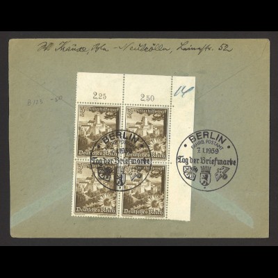 Deutsches Reich 1939 Brief MeF MiNr. 675 Eckrand-Viererblock Tag der Briefmarke