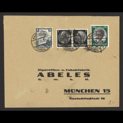 Deutsches Reich 1935 Brief MiF MiNr. 512 + 541 + 589 Zigaretten- u. Tabakfabrik