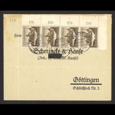 Deutsches Reich 1939 Brief MeF MiNr. 730 senkrechter 4er-Streifen mit Bogenrand 