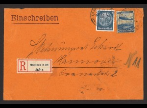 Deutsches Reich 1936 Einschreiben Brief MiF MiNr. 514 + 606 (Luftpost) München 