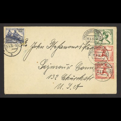 Deutsches Reich 1936 Brief MiF MiNr. 611 + 613 + 615 Olympische Spiele nach USA