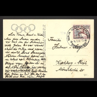 Deutsches Reich 1936 Ansichtskarte Olympia 1936 EF MiNr. 614 + Sonderstempel 