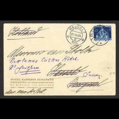Deutsches Reich 1936 Brief EF MiNr. 620 Feldafing nach Hasselt fwd England Hotel