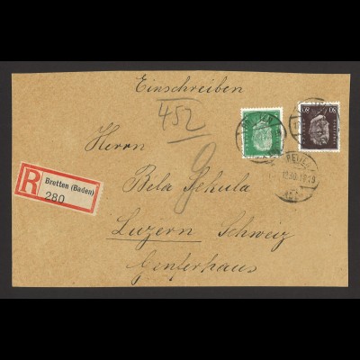 Deutsches Reich 1930 Einschreiben Briefvorderseite MiF MiNr. 411 + 422 n. Luzern