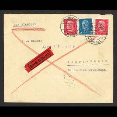 Deutsches Reich 1931 Eilboten Brief MiF MiNr. 414 + 416 Frankfurt n. Baden Baden