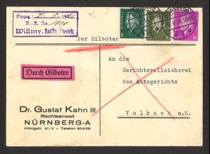 Deutsches Reich 1931 Eilboten Postkarte MiF MiNr. 412 + 417 + 435 n. Volkach 