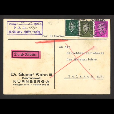 Deutsches Reich 1931 Eilboten Postkarte MiF MiNr. 412 + 417 + 435 n. Volkach 