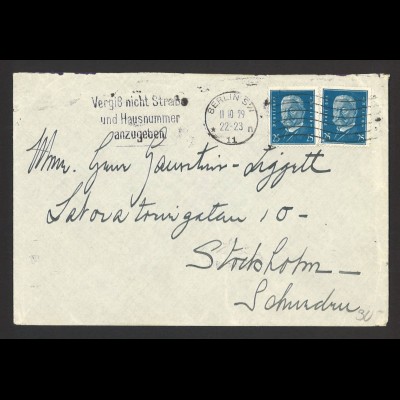 Deutsches Reich 1929 Brief MeF MiNr. 416 Berlin Hotel Esplanade n. Stockholm
