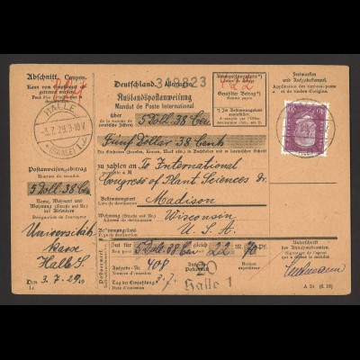 Deutsches Reich 1929 Auslandspostanweisung EF MiNr. 418 Halle n. Madison USA