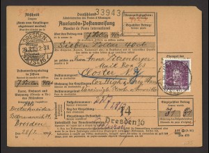 Deutsches Reich 1929 Auslands-Postanweisung EF MiNr. 395 Dresden n. Closter, USA