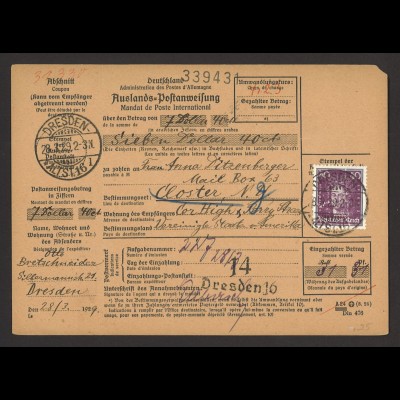 Deutsches Reich 1929 Auslands-Postanweisung EF MiNr. 395 Dresden n. Closter, USA
