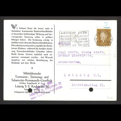 Deutsches Reich 1930 Reklame Postkarte EF MiNr 410 + SoSt IPA Leipzig (gelocht)