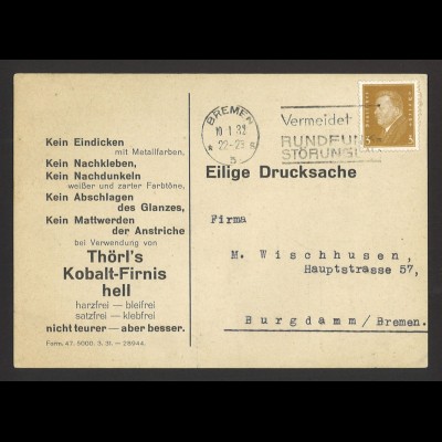 Deutsches Reich 1932 Postkarte Drucksache MiNr. 410 Bremen Reklame Zudruck