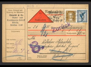 Deutsches Reich 1929 Nachnahmekarte MiF MiNr. 380 + 385 Görlitz n. Dresden