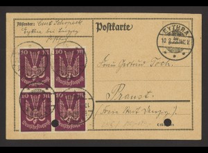 Deutsches Reich 1923 Postkarte MeF MiNr. 235 (4er-Block) Eythra geprüft Infla 