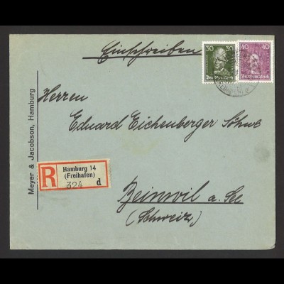 Deutsches Reich 1929 R-Brief MiF MiNr 394 + 395 Hamburg n. Beinwil in d. Schweiz