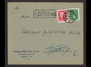 Deutsches Reich 1928 Brief MiF 387 + 390 Lüchow n. Leipzig ZURÜCK n. zustellbar