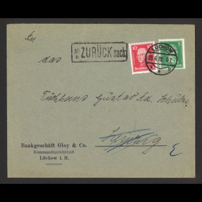 Deutsches Reich 1928 Brief MiF 387 + 390 Lüchow n. Leipzig ZURÜCK n. zustellbar