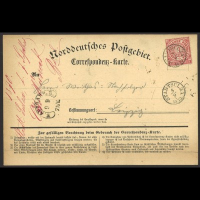 Altdeutschland NDP 1870 Correspondenz-Karte EF MiNr 16 K2 Stadtsulza n. Leipzig