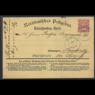 Altdeutschland NDP 1871 Correspondenz-Karte EF MiNr 16 K2 Aerzen n. Leipzig
