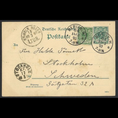 Deutsches Reich 1893 Ganzsachen-Postkarte 5 Pf + ZuF + K1 Berlin 64 n. Stockholm