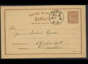 Deutsches Reich 1874 Ganzsachen-Postkarte P1 mit K1 BERLIN P.A.16 (KBHW 422)