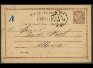 Deutsches Reich 1874 Ganzsachen-Postkarte P1 mit K1 BERLIN P.A.3 (KBHW 263)
