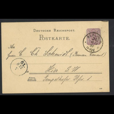 Deutsches Reich 1887 Ganzsache Postkarte 5 Pf. + K1 BERLIN N. 21 KBHW 501