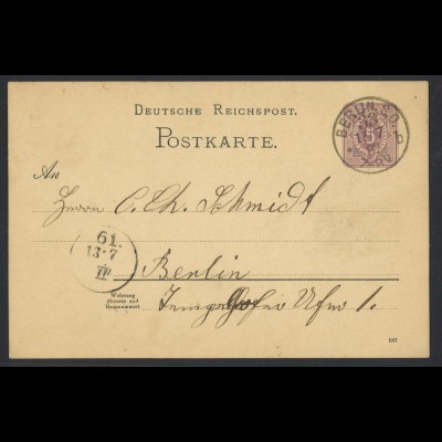 Deutsches Reich 1887 Ganzsache Postkarte 5 Pf. + K1 BERLIN S.O. 33 KBHW 560