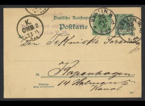 Deutsches Reich 1893 Postkarte 5 Pf. + ZF + K1 BERLIN N.W. 35 KBHW 575 Dänemark
