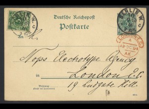 Deutsches Reich 1891 Postkarte 5 Pf. + ZuF + K1 BERLIN N.W. 10 KBHW 354 London