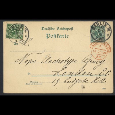 Deutsches Reich 1891 Postkarte 5 Pf. + ZuF + K1 BERLIN N.W. 10 KBHW 354 London