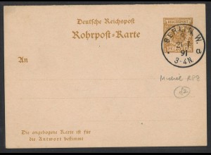 Deutsches Reich 1891 RohrpostKarte 5 Pf. + K1 BERLIN N.W. 8 KBHW 326
