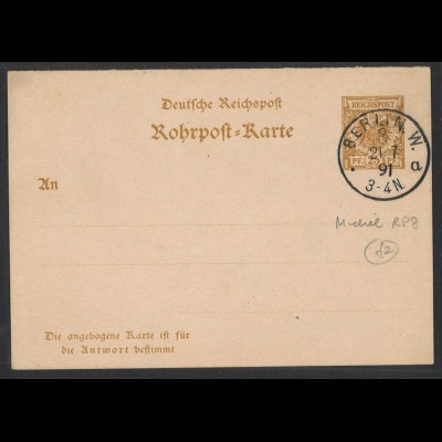 Deutsches Reich 1891 RohrpostKarte 5 Pf. + K1 BERLIN N.W. 8 KBHW 326