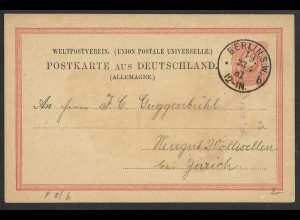 Deutsches Reich 1881 Postkarte 10 Pf. + K1 BERLIN S.W. 19 KBHW 458 n. Zürich