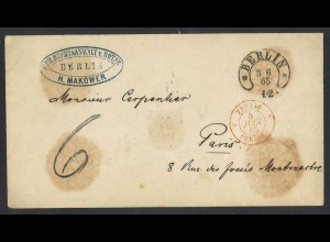 Altdeutschland Preußen 1865 markenloser Brief + Hufeisenstempel Berlin Spalink 1