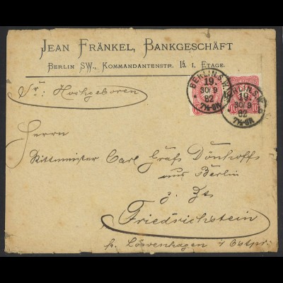 Deutsches Reich 1882 Brief MeF 10 PF + K1 BERLIN S.W. 19 KBHW 458 Friedrichstein
