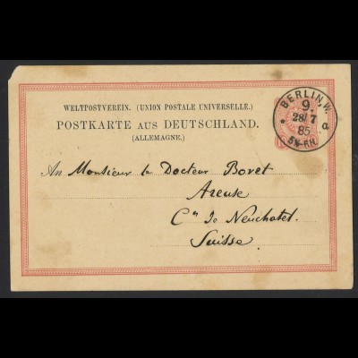 Deutsches Reich 1885 Postkarte 10 Pf. + K1 BERLIN N,W. 9 KBHW 341 n. Neuchatel 