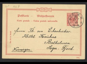 Deutsches Reich 1893 Postkarte 10 Pf. + K1 BERLIN N.W. 30 KBHW 547 n. Norwegen