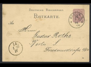 Deutsches Reich 1884 Ganzsache Postkarte 5 Pf. + K1 BERLIN S. 14. KBHW 407