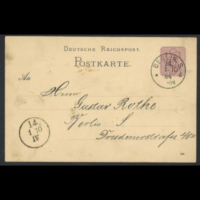 Deutsches Reich 1884 Ganzsache Postkarte 5 Pf. + K1 BERLIN S. 14. KBHW 407