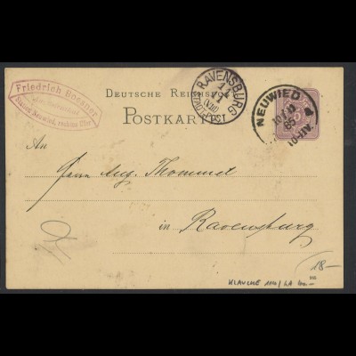 Deutsches Reich 1885 Ganzsache Postkarte 5 Pf. + K1 Neuwied Klaucke Stempel 